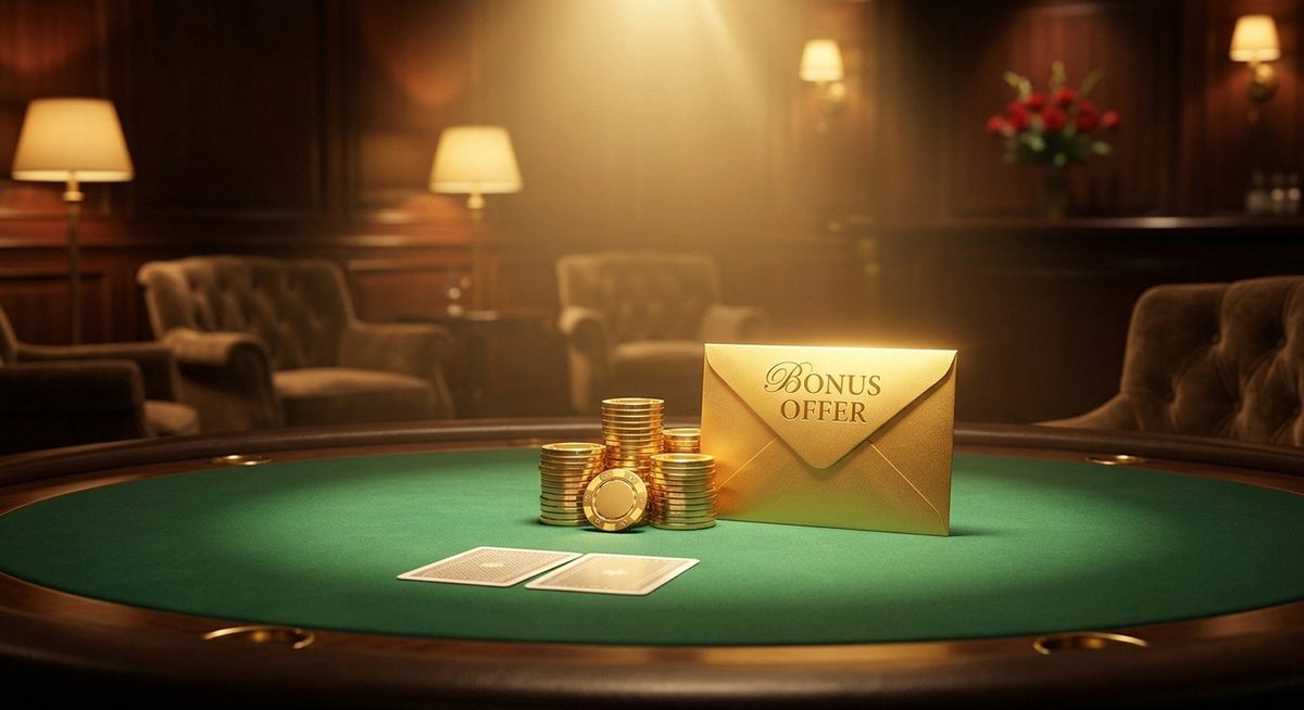 Stak af casinochips og guldfarvet bonuskuvert på et grønt blackjack-bord