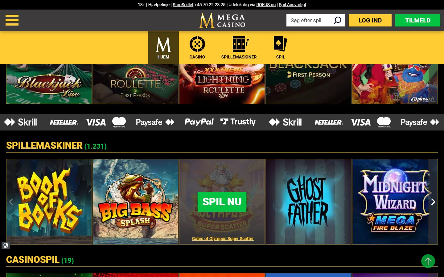 Mega Casinos spillobby med live-borde i toppen, Pålidelige betalingsudbydere-strip og spillemaskiner-grid