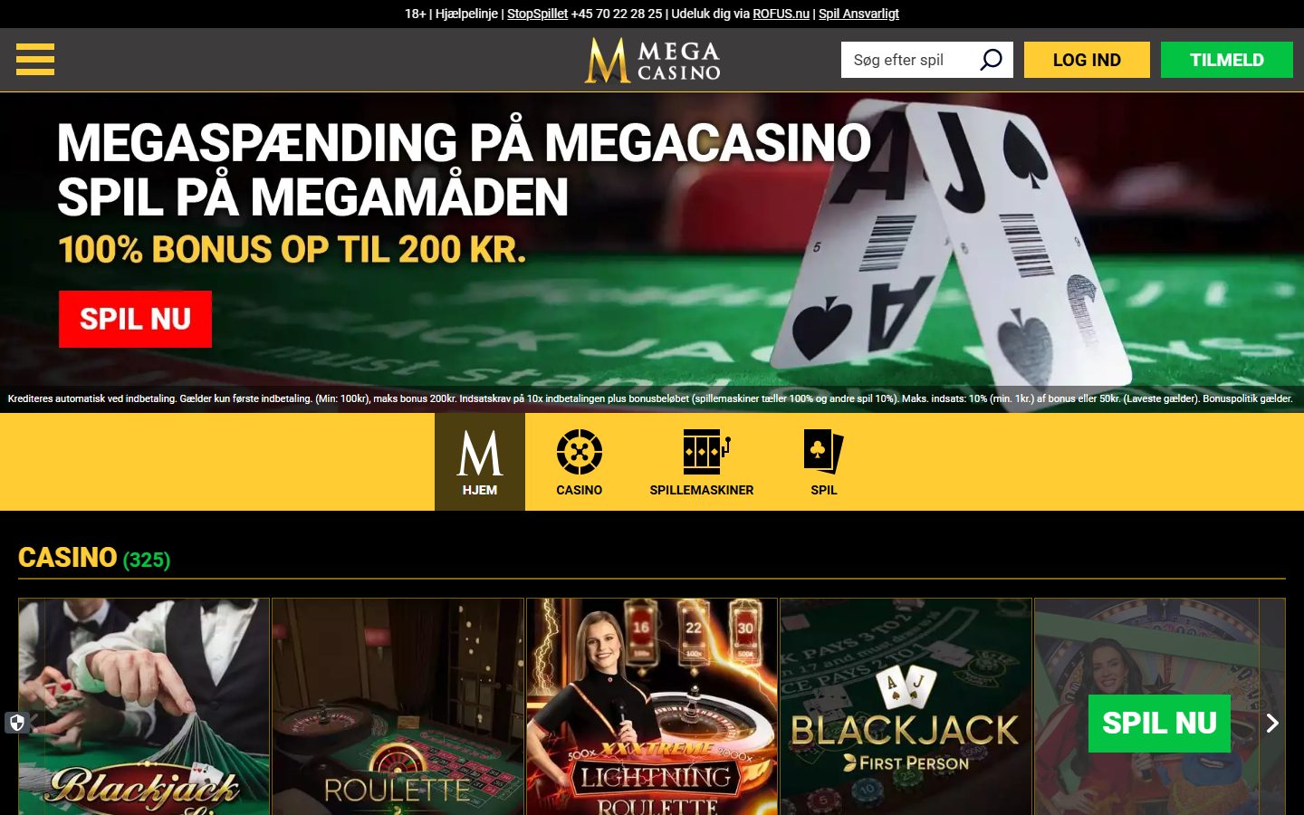 Mega Casino forside med velkomstbonus 100% op til 200 kr. og live blackjack-tiles
