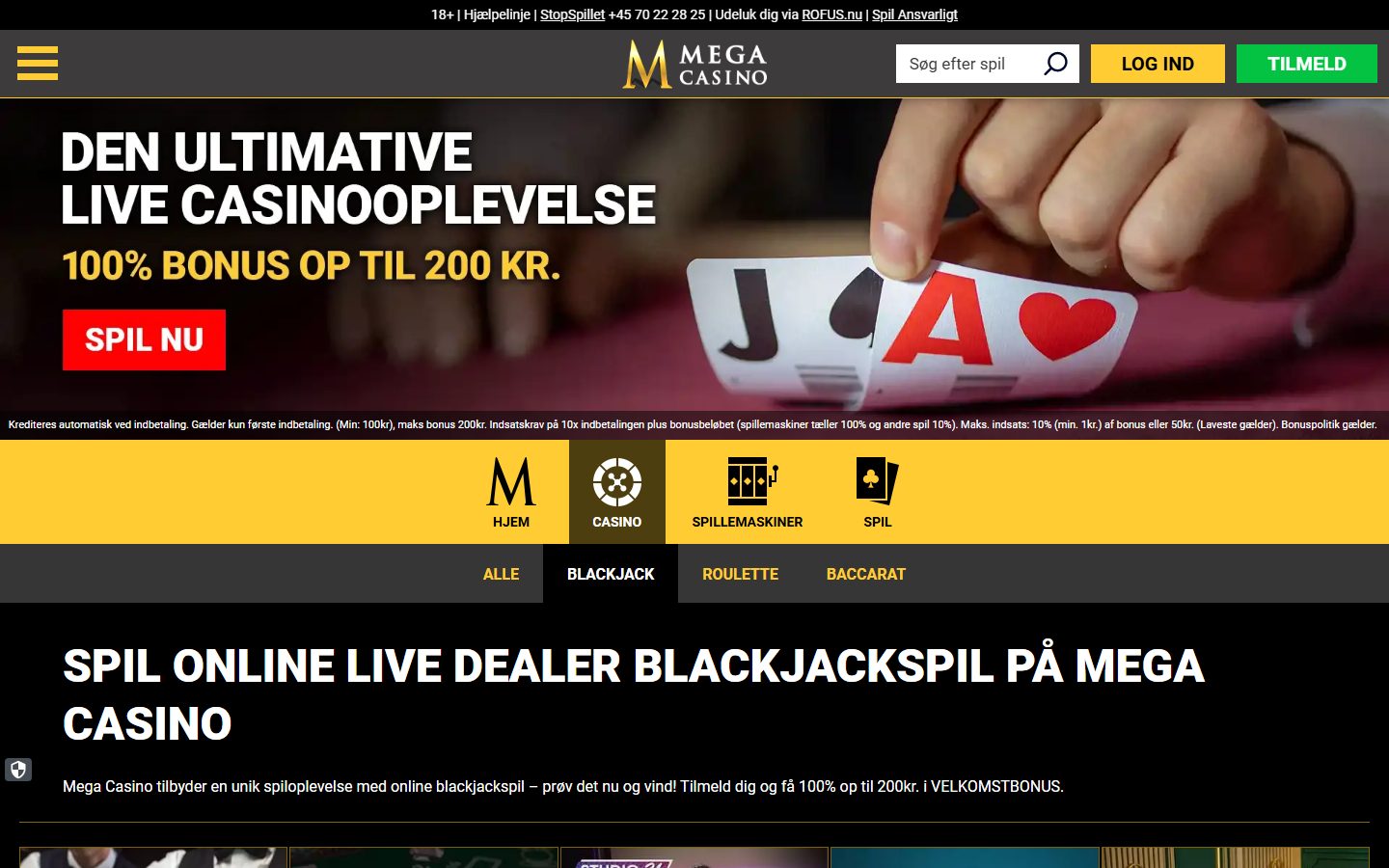 Mega Casinos live blackjack-side med BLACKJACK-kategorien aktiv og forklarende intro-tekst