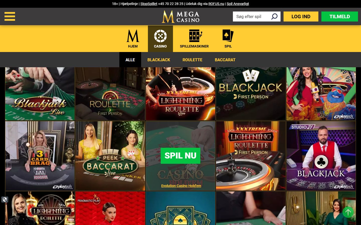 Tile-grid af live casino-borde hos Mega Casino: Blackjack Live, Lightning Roulette, BLACKJACK First Person, Peek Baccarat og flere
