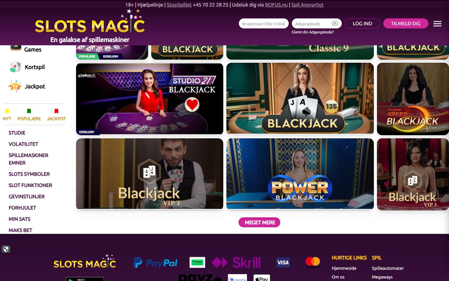 Flere live blackjack-borde hos SlotsMagic: Studio 27, Blackjack VIP 1, Power Blackjack, Classic Blackjack Live, Blackjack VIP 3