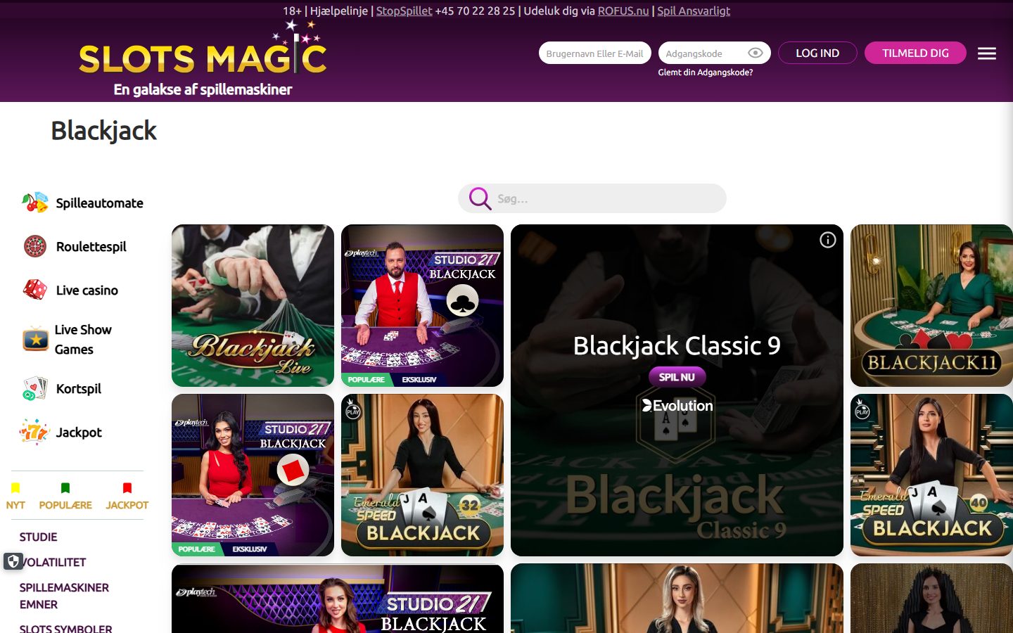 SlotsMagic blackjack-kategori med live-borde fra Evolution og Playtech: Blackjack Live, Blackjack Classic 9, Studio 27 BLACKJACK, Speed BLACKJACK 32