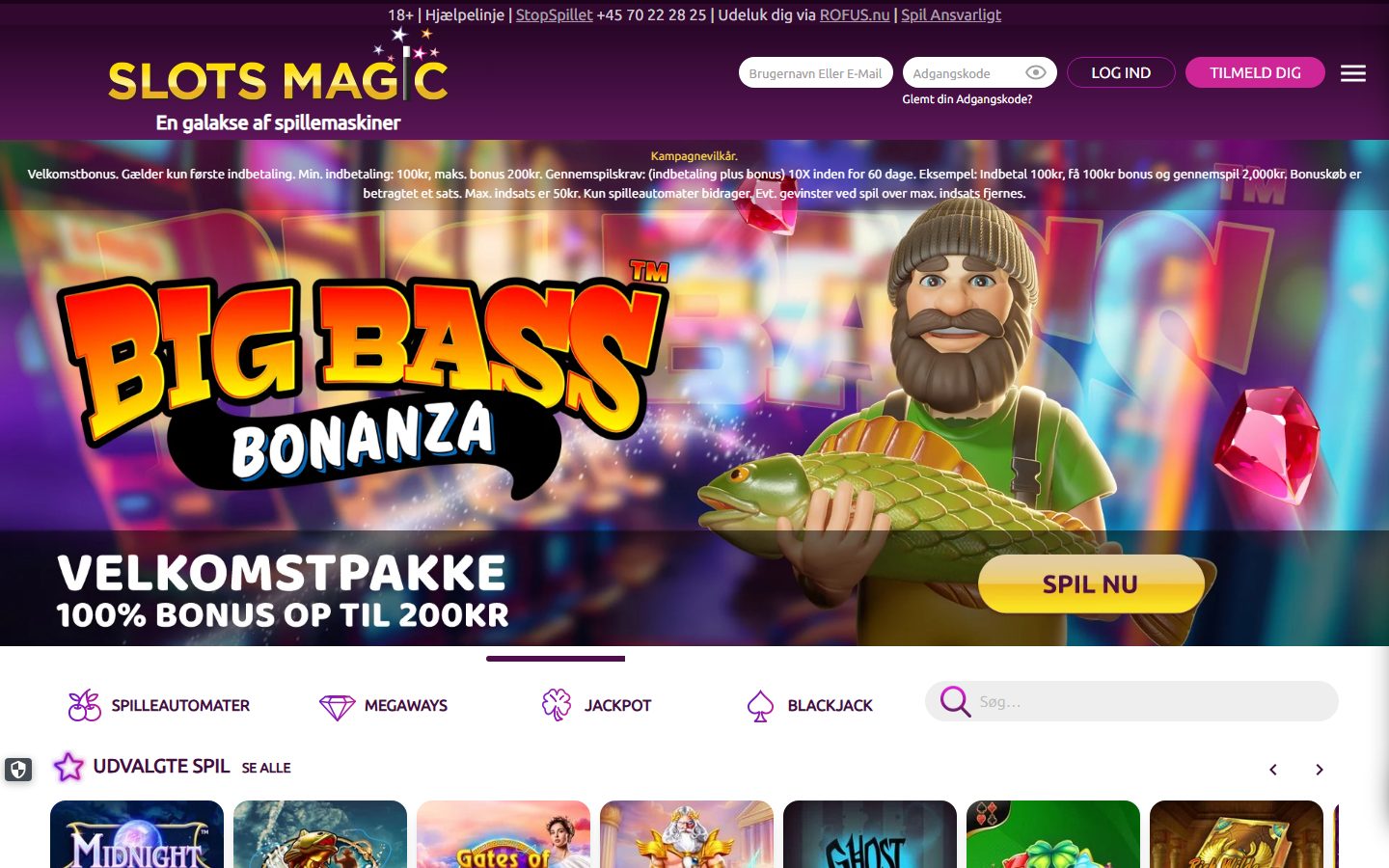 SlotsMagic forside med Big Bass Bonanza-banner, velkomstbonus 100% op til 200 kr. og kategorinavigation