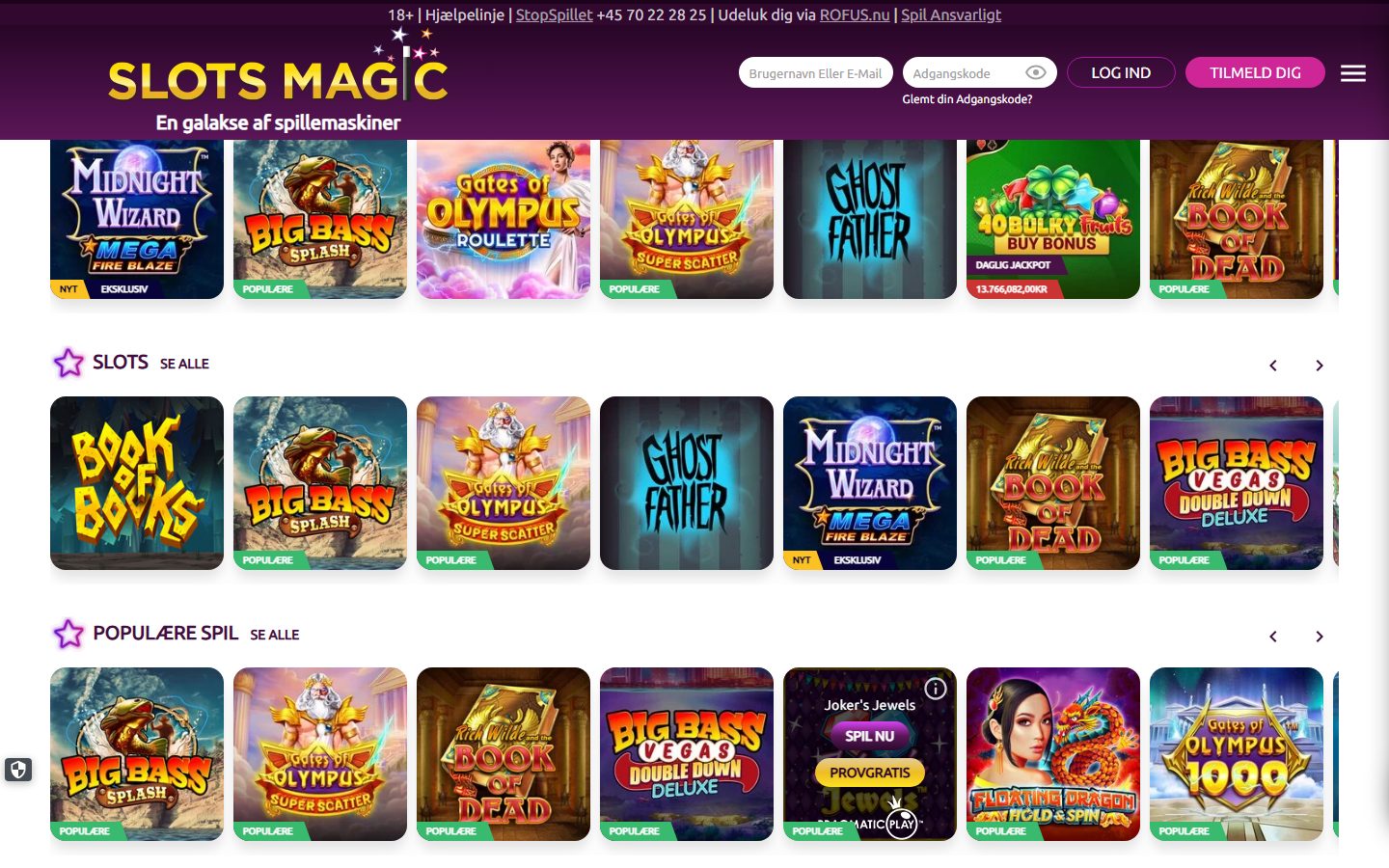 SlotsMagic spillobby med slot-grid: Big Bass Splash, Gates of Olympus, Ghost Father, Book of Dead, Midnight Wizard, Book of Books
