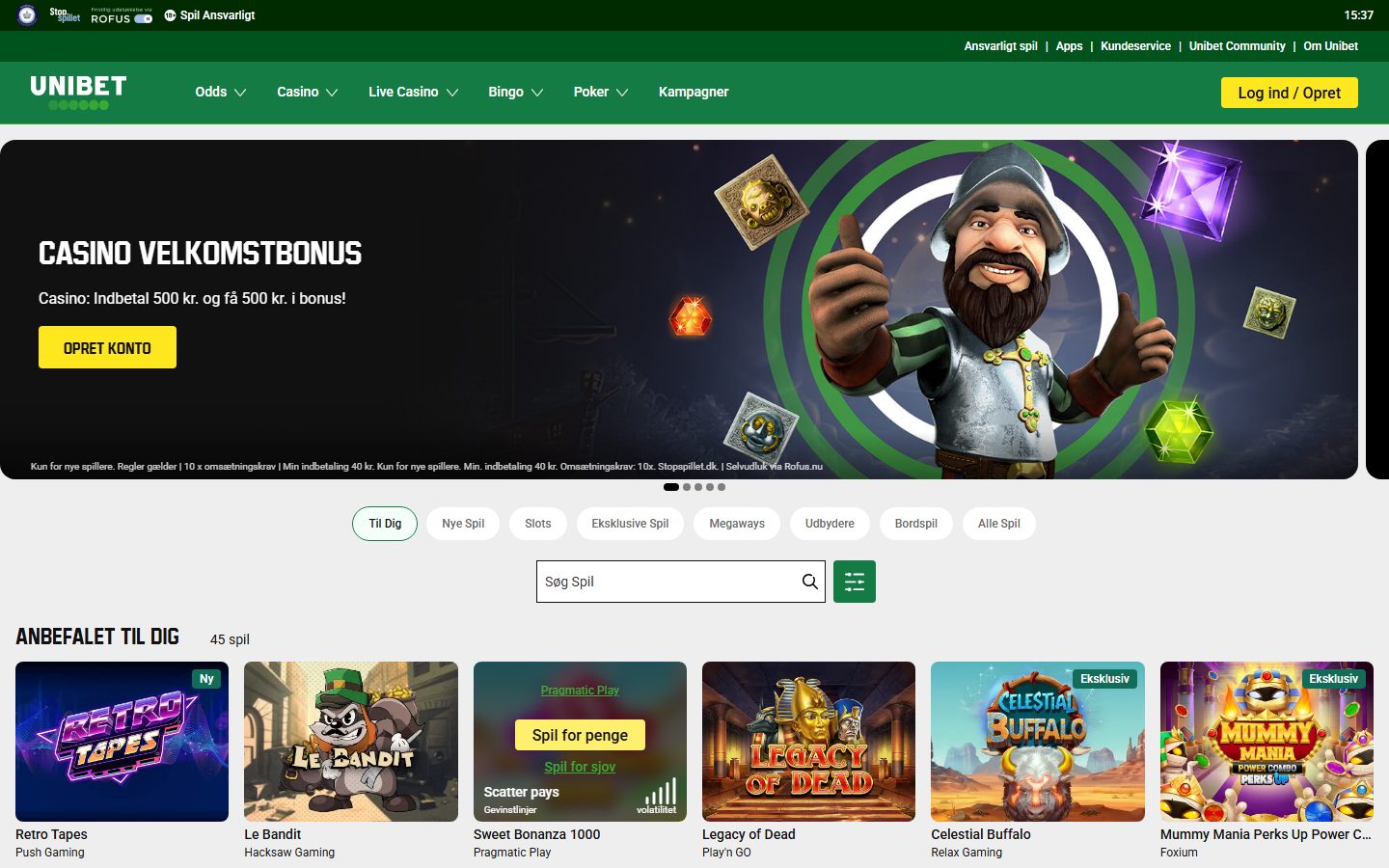 Unibet casino-lobby med kategorier: Slots, Megaways, Eksklusive Spil, Bordspil og udvalgte titler som Retro Tapes, Le Bandit, Sweet Bonanza