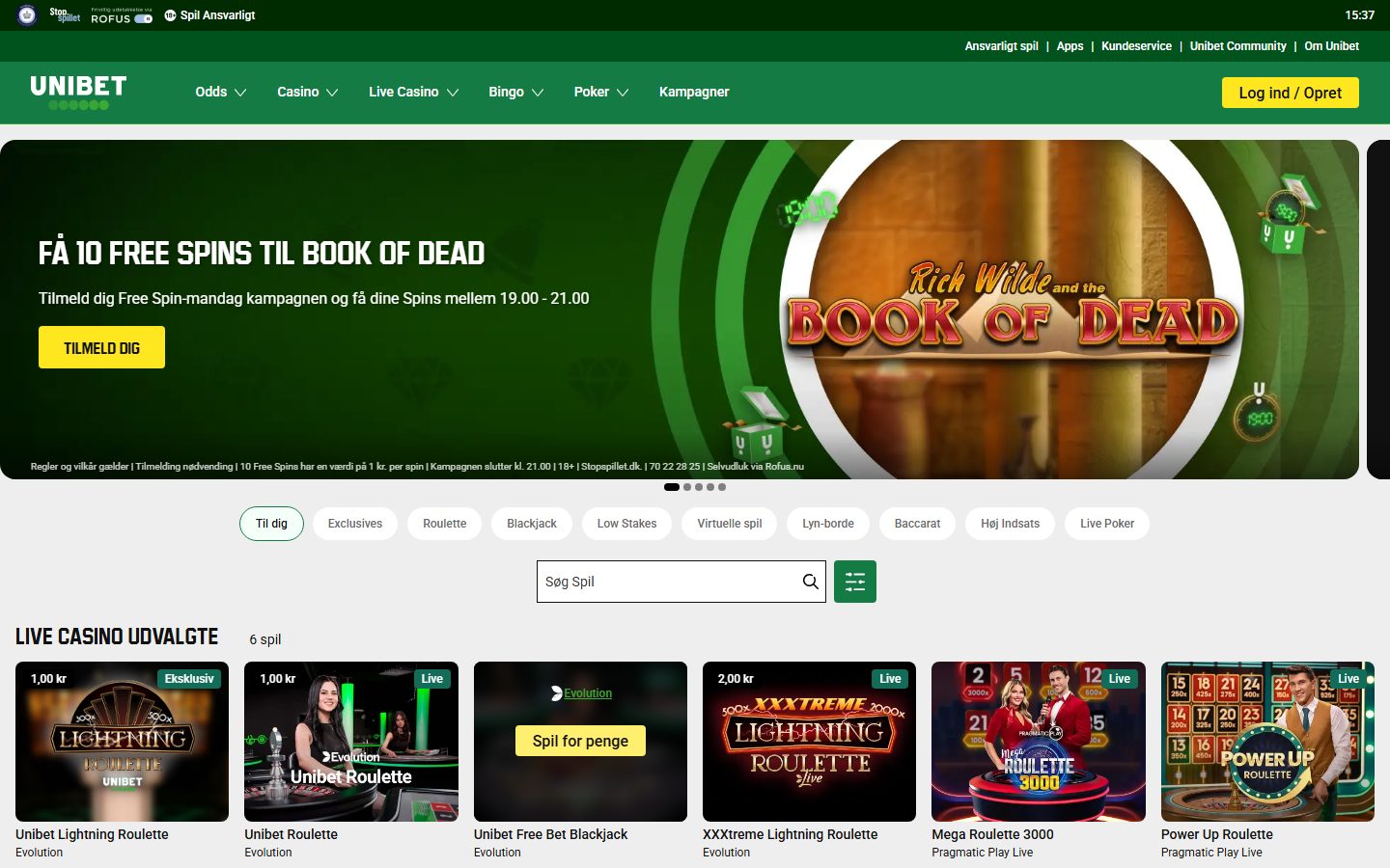 Unibets live casino-lobby med Unibet-brandede Lightning Roulette, Unibet Roulette og Unibet Free Bet Blackjack drevet af Evolution Gaming