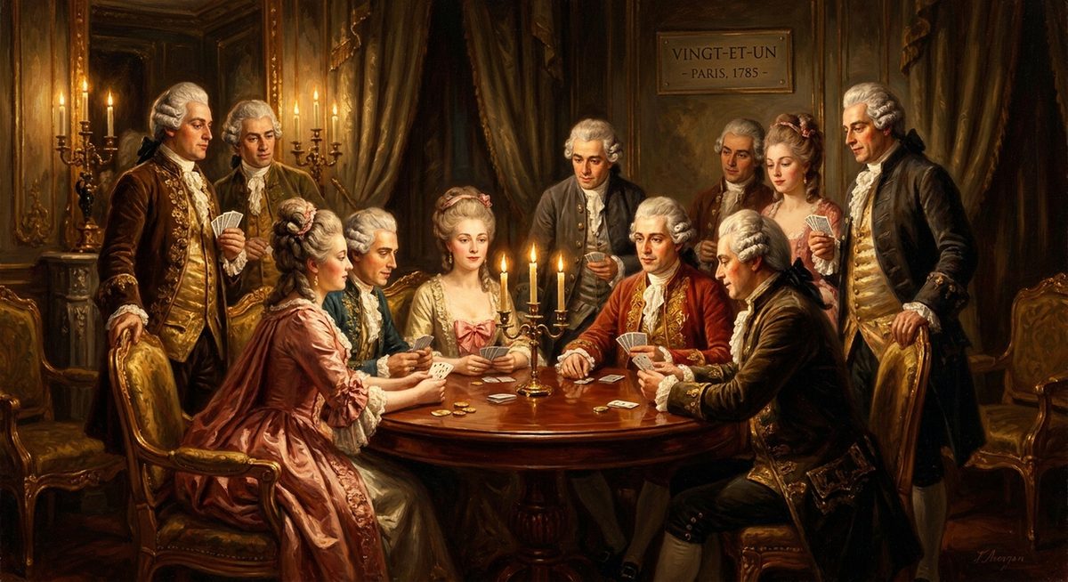 Aristokrater spiller vingt-et-un i en parisisk salon i 1700-tallet ved levende lys