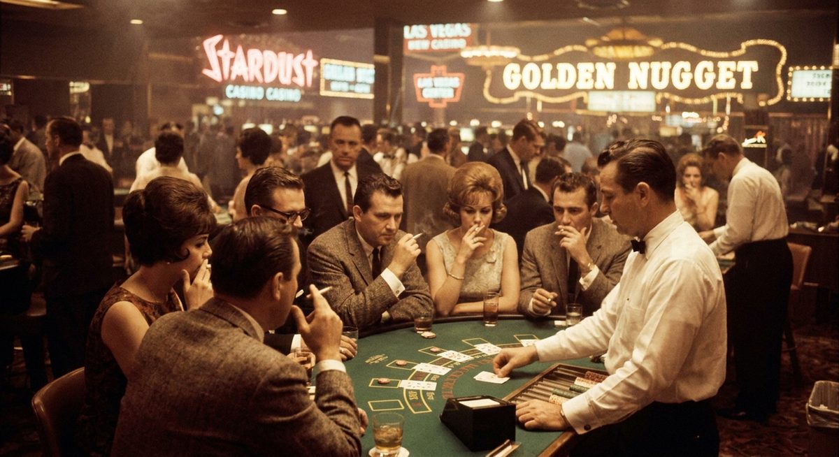 Klassisk amerikansk blackjack-bord fra midten af det 20. århundrede med dealer og spillere