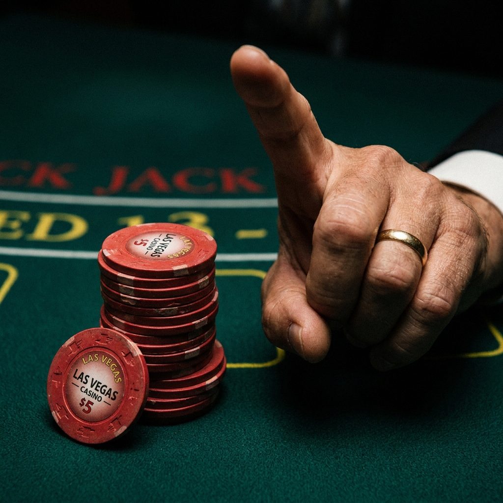Double down håndtegn: pegefinger op ved siden af chip