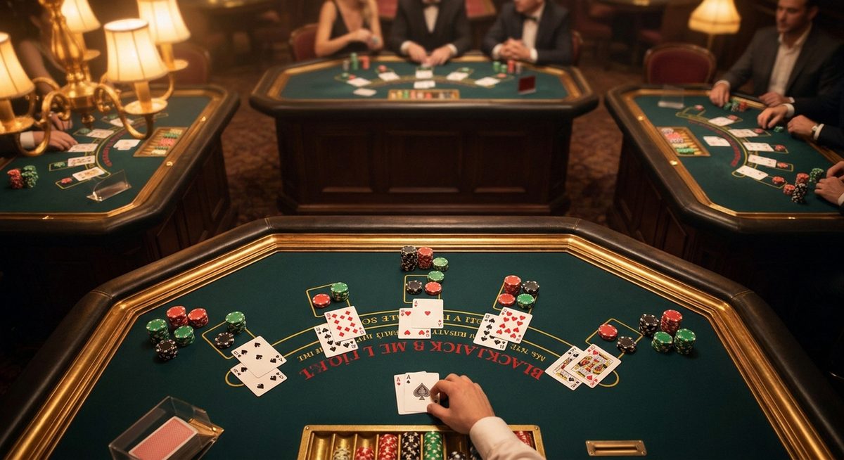 Flere blackjack-borde med kort og chips på grønt felt