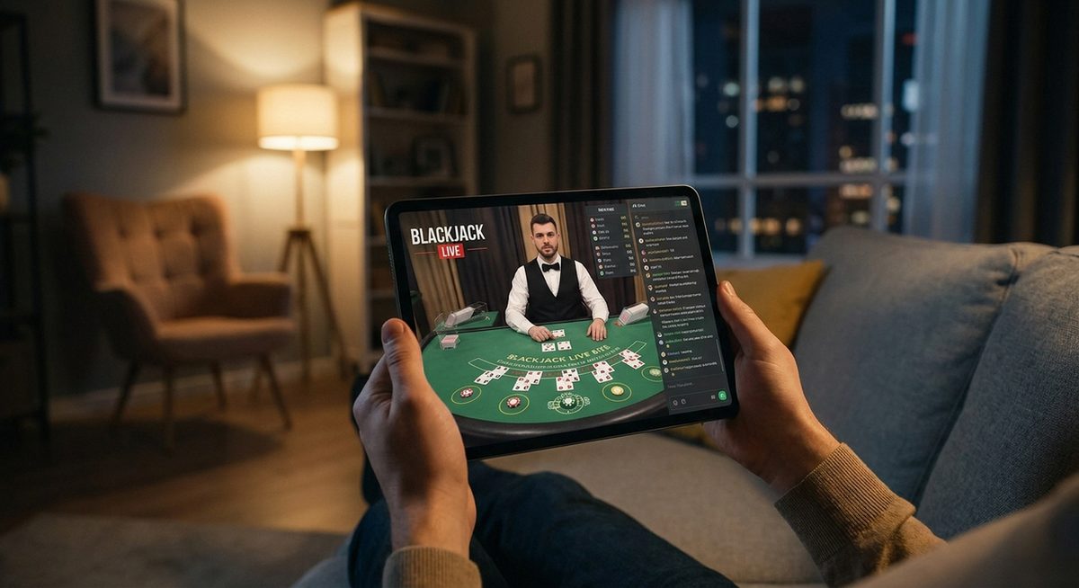 Hænder holder en tablet i en hyggelig stue om aftenen — skærmen viser et live blackjack-bord med dealer, kortborde, jetoner og chatvindue