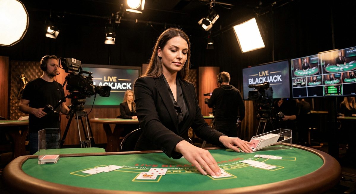 Live blackjack-studie med dealer, kameraer, lyssætning og monitor med 'LIVE BLACKJACK'-branding